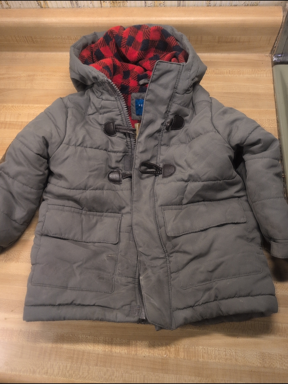 Kids' Gray Puffer Coat with Red Plaid Lined Hood